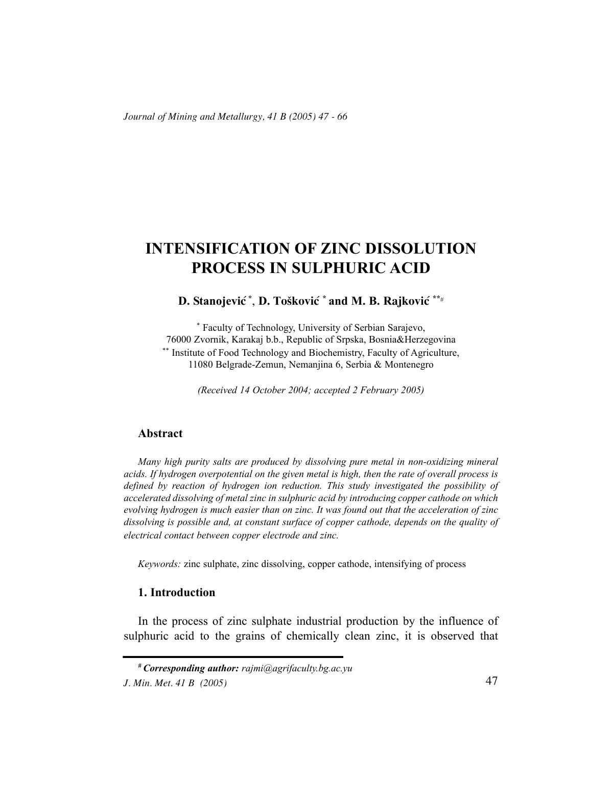 First page of INTENSIFICATION OF ZINC DISSOLUTION PROCESS IN SULPHURIC ACID