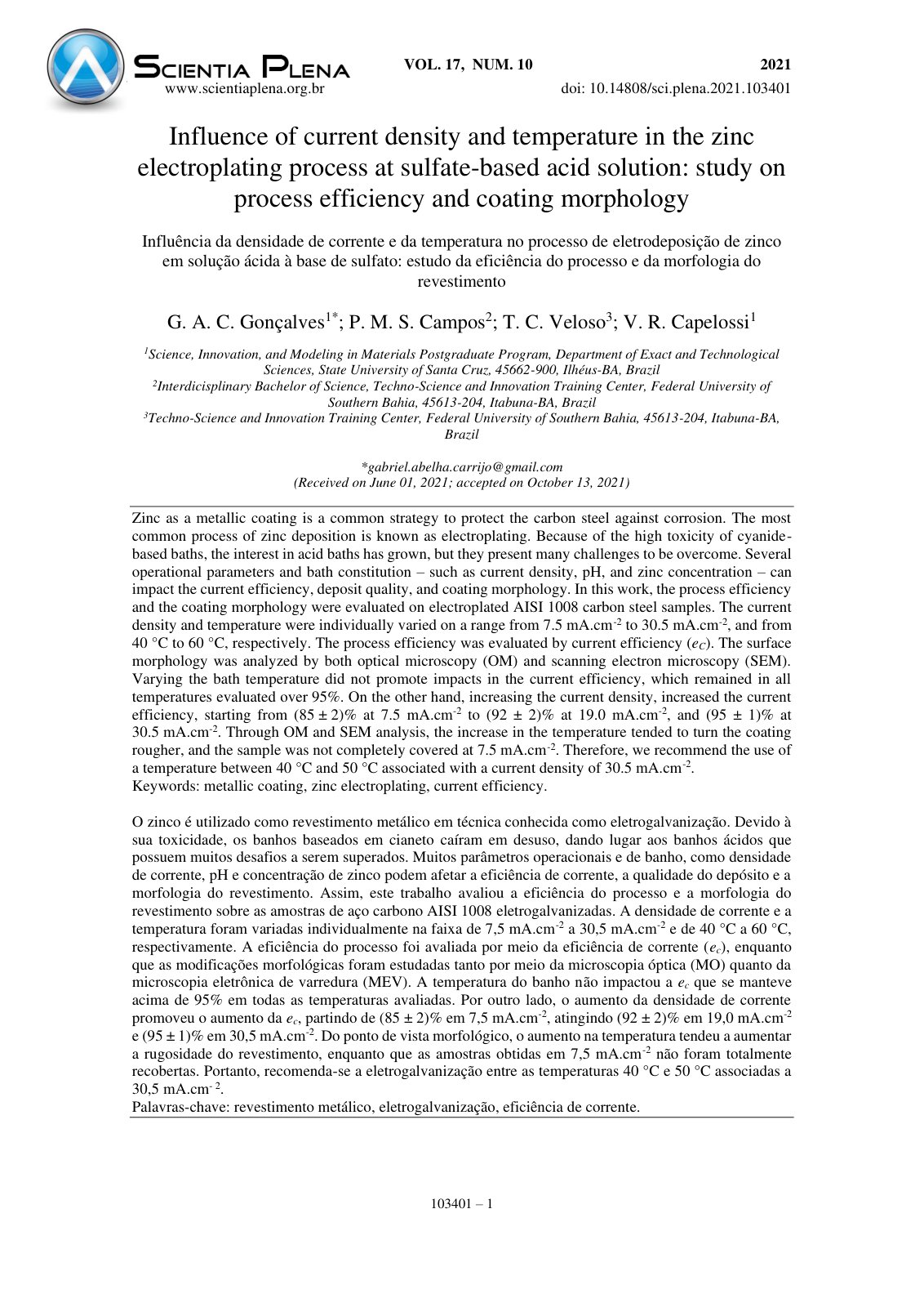 First page of Influence of current density and temperature in the zinc electroplating process at sulfate-based acid solution: study on process efficiency and coating morphology