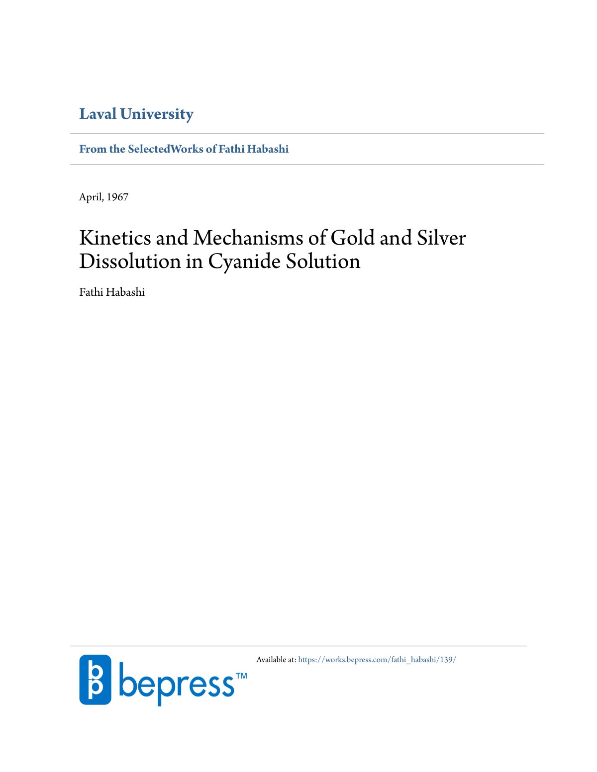 First page of Kinetics and Mechanisms of Gold and Silver Dissolution in Cyanide Solution
