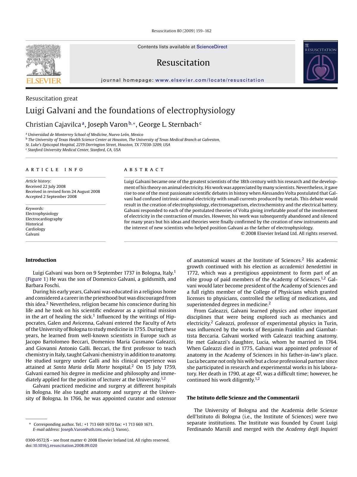 First page of Luigi Galvani and the foundations of electrophysiology