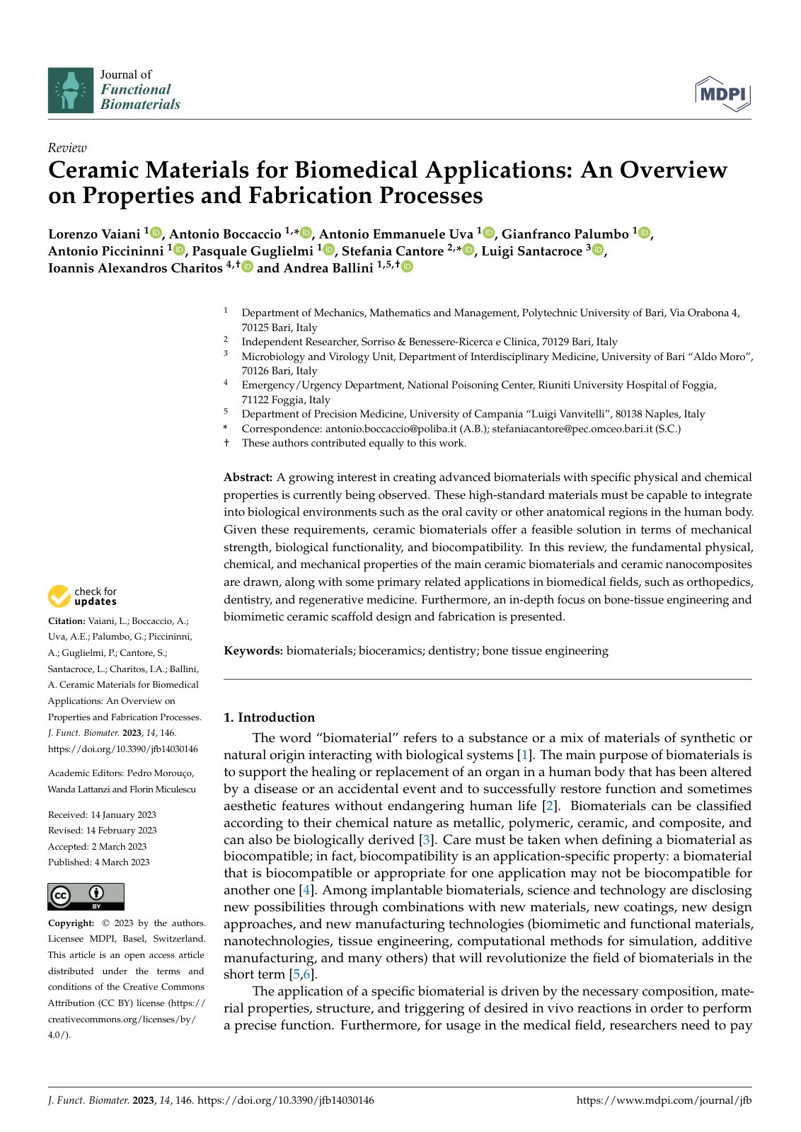 First page of Ceramic Materials for Biomedical Applications: An Overview on Properties and Fabrication Processes