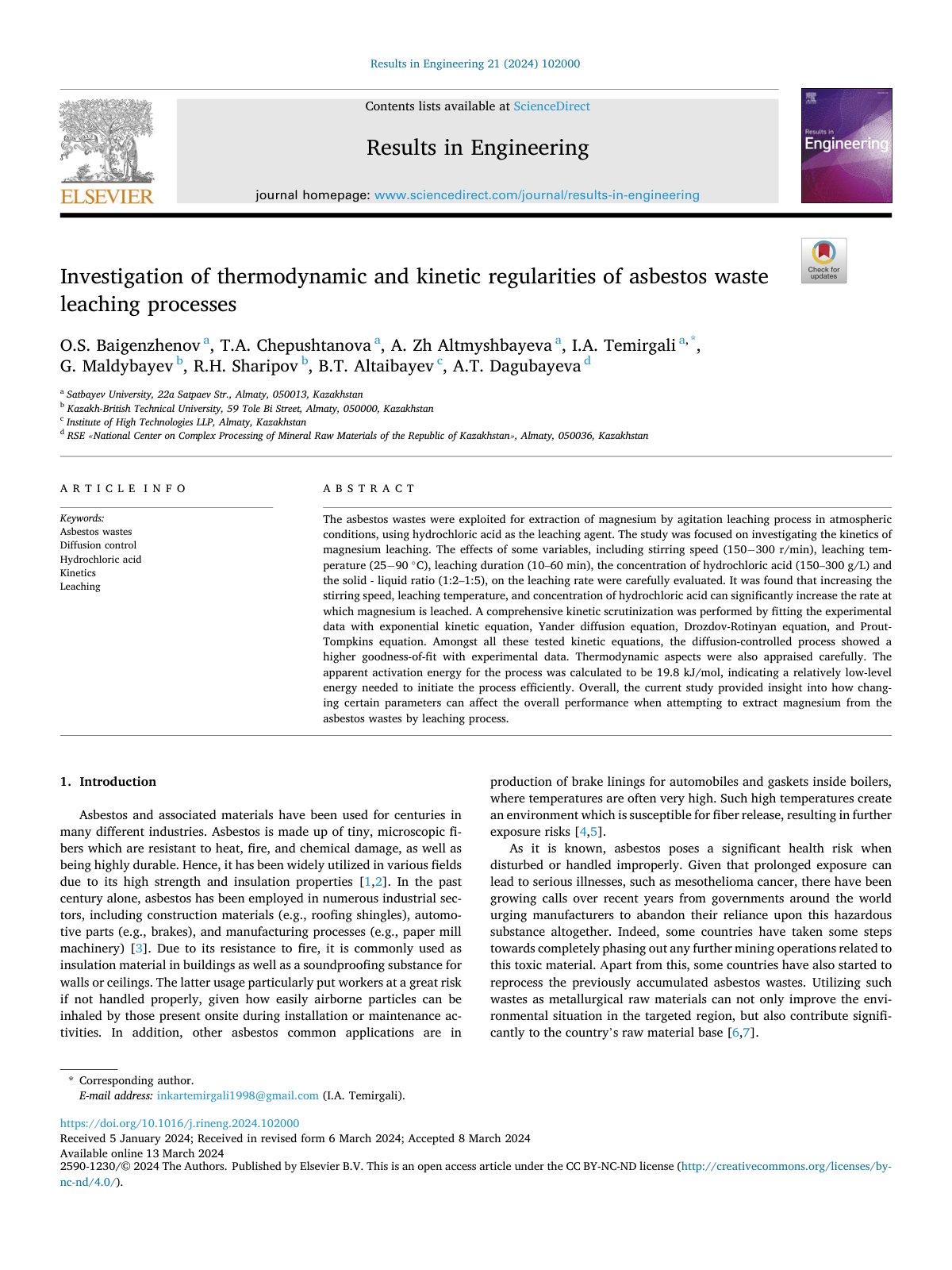 First page of Investigation of thermodynamic and kinetic regularities of asbestos waste leaching processes