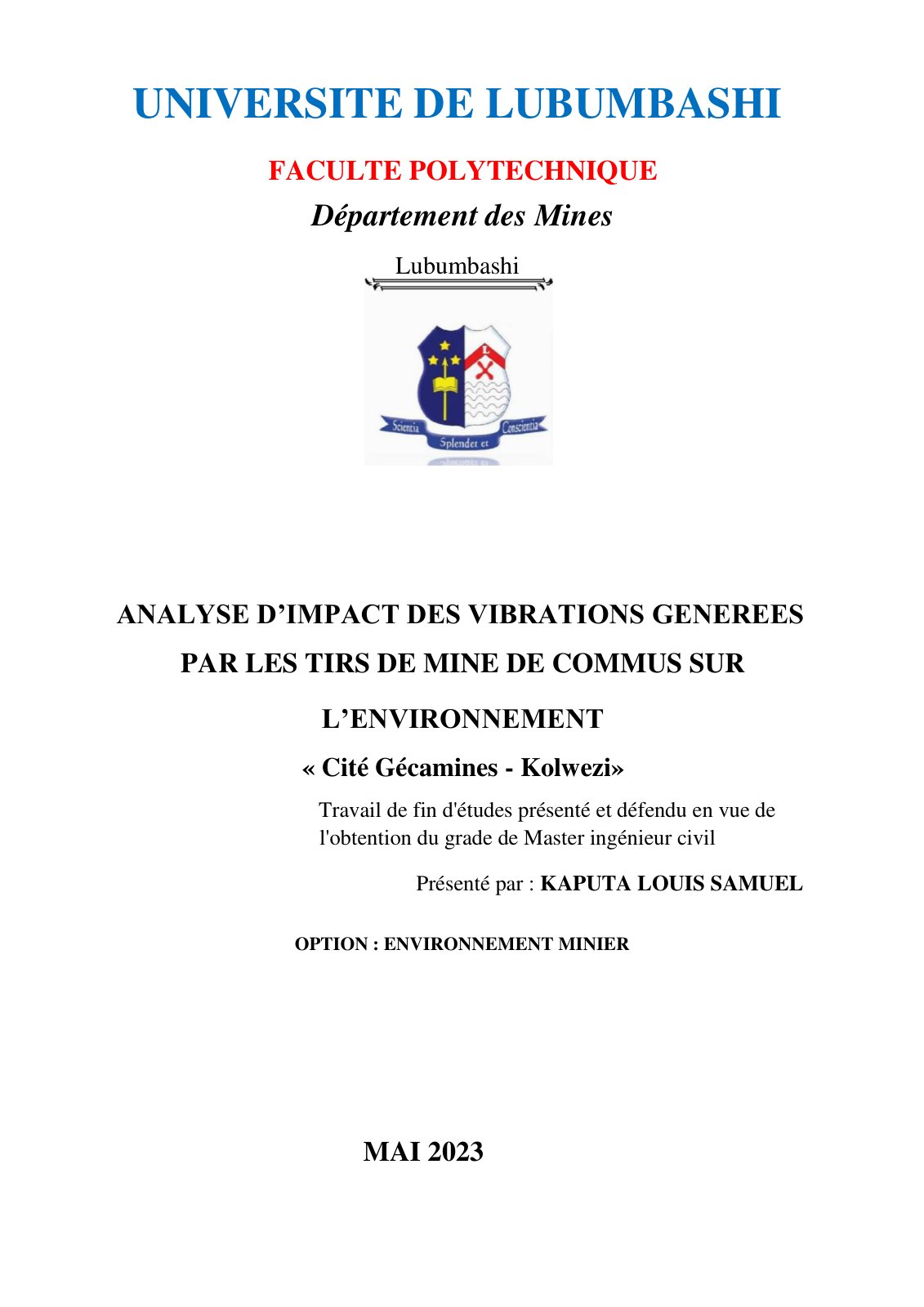 First page of OK OK OK KAPUTA LOUIS Samuel, master2 mines, ok ok okkkkkkkk