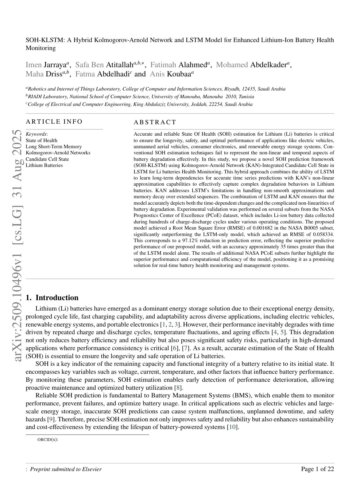 First page of SOH-KLSTM: A Hybrid Kolmogorov-Arnold Network and LSTM Model for Enhanced Lithium-Ion Battery Health Monitoring