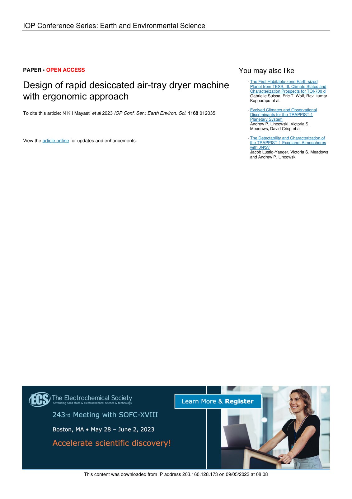 First page of Design of rapid desiccated air-tray dryer machine with ergonomic approach