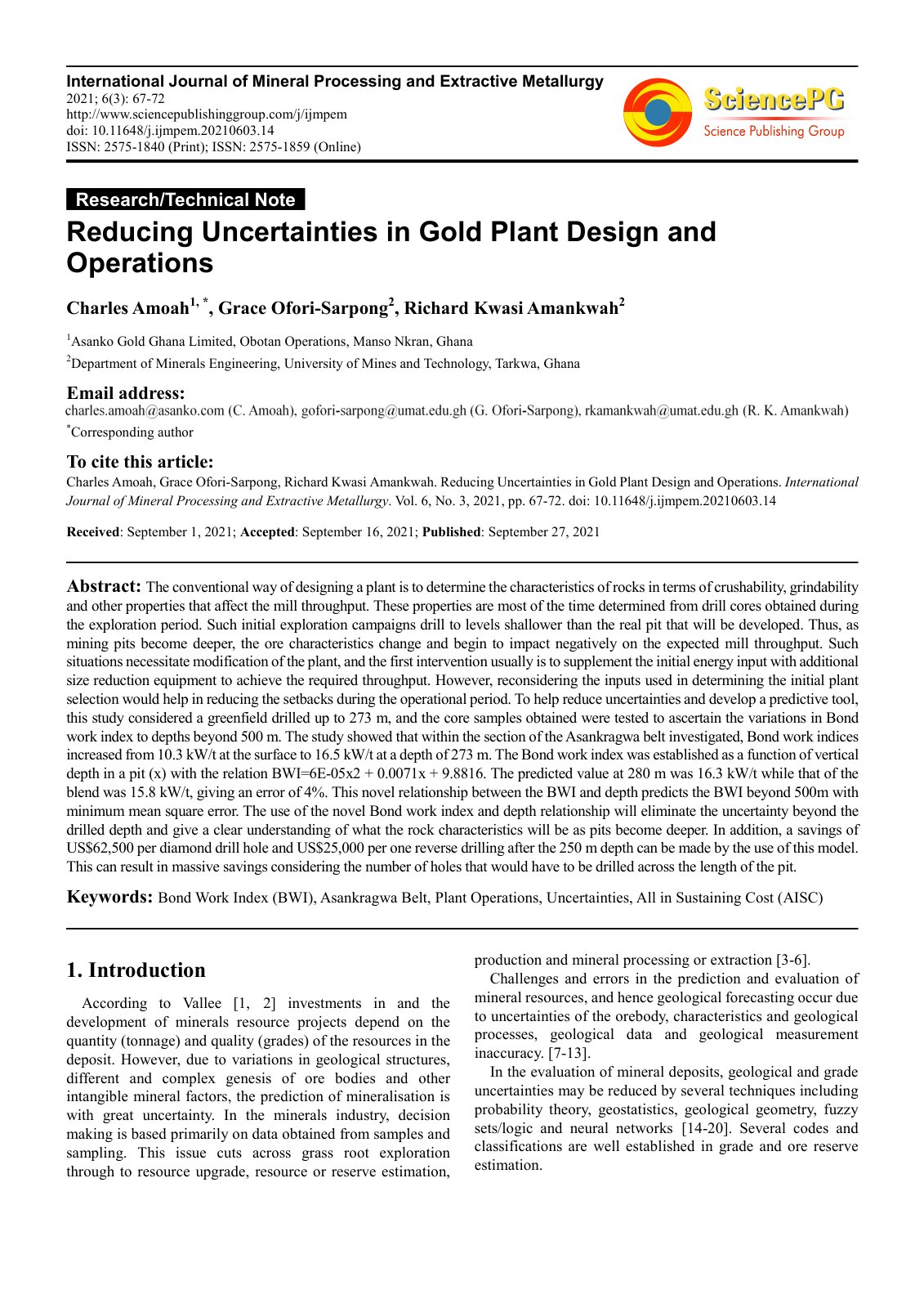 First page of Reducing Uncertainties in Gold Plant Des