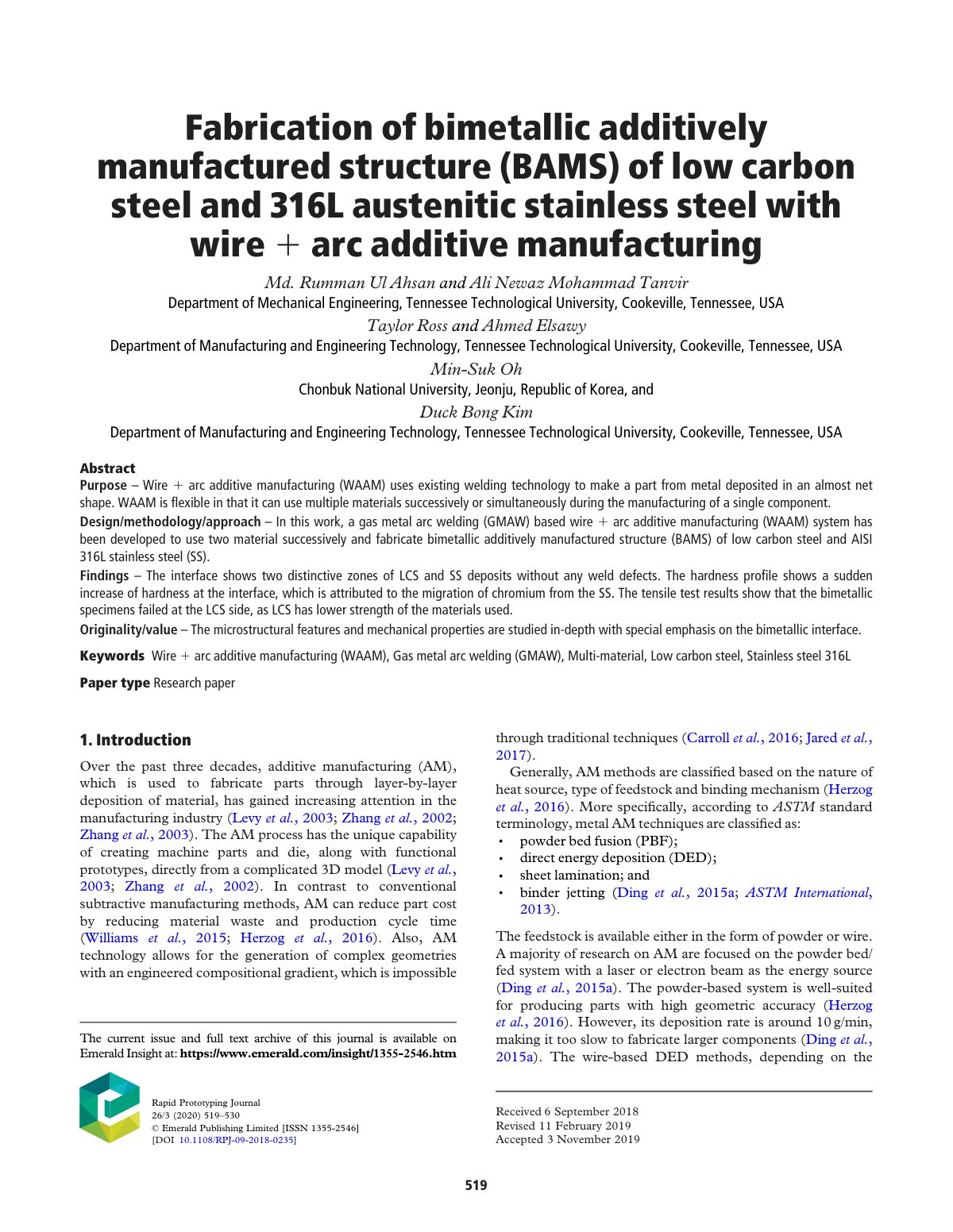 First page of Fabrication of bimetallic additively manufactured structure (BAMS) of low carbon steel and 316L austenitic stainless steel with wire 1 arc additive manufacturing