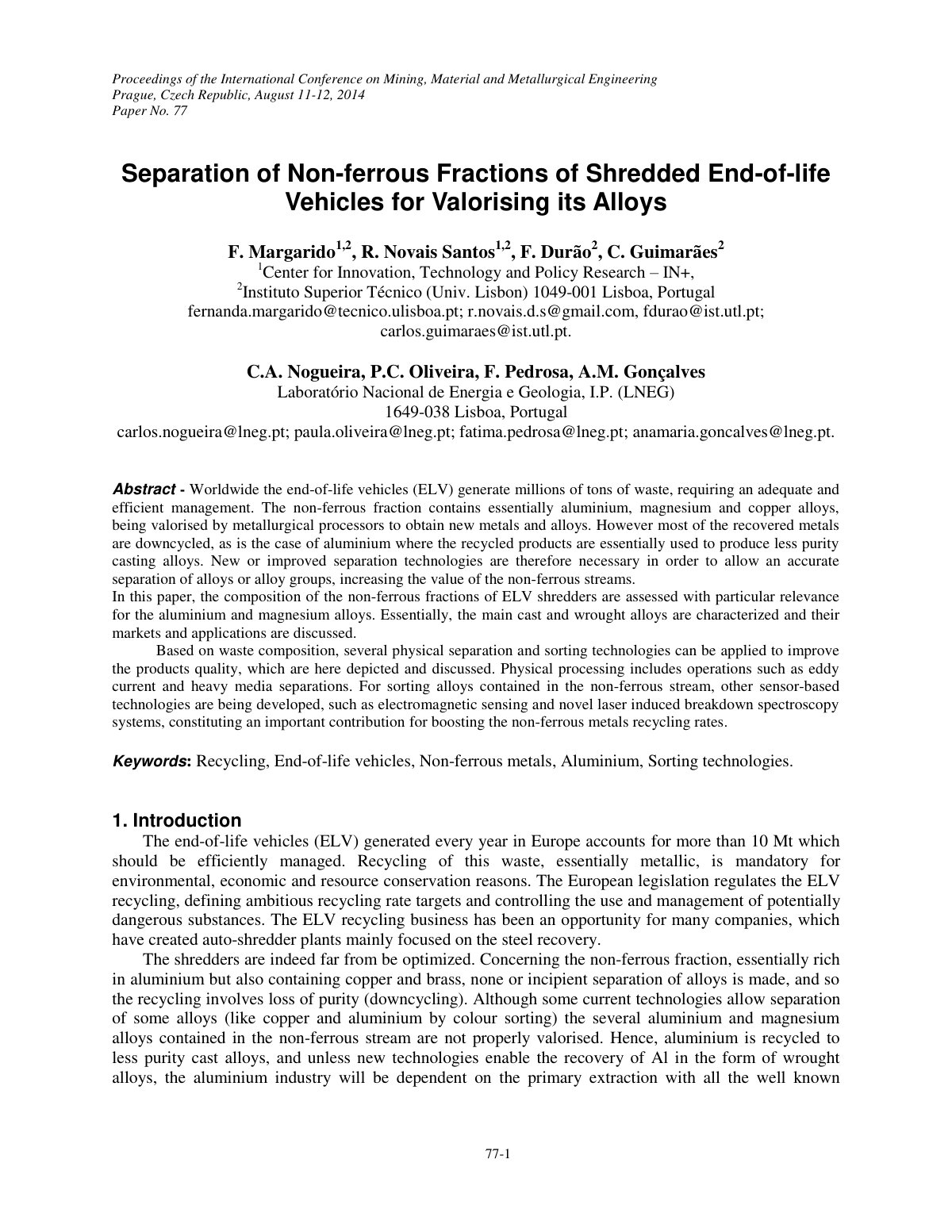 First page of Separation of Non-ferrous Fractions of Shredded End-of-life Vehicles for Valorising its Alloys