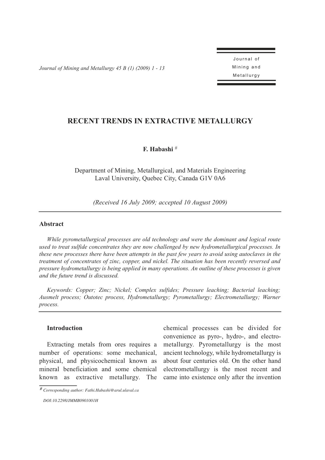 First page of RECENT TRENDS IN EXTRACTIVE METALLURGY