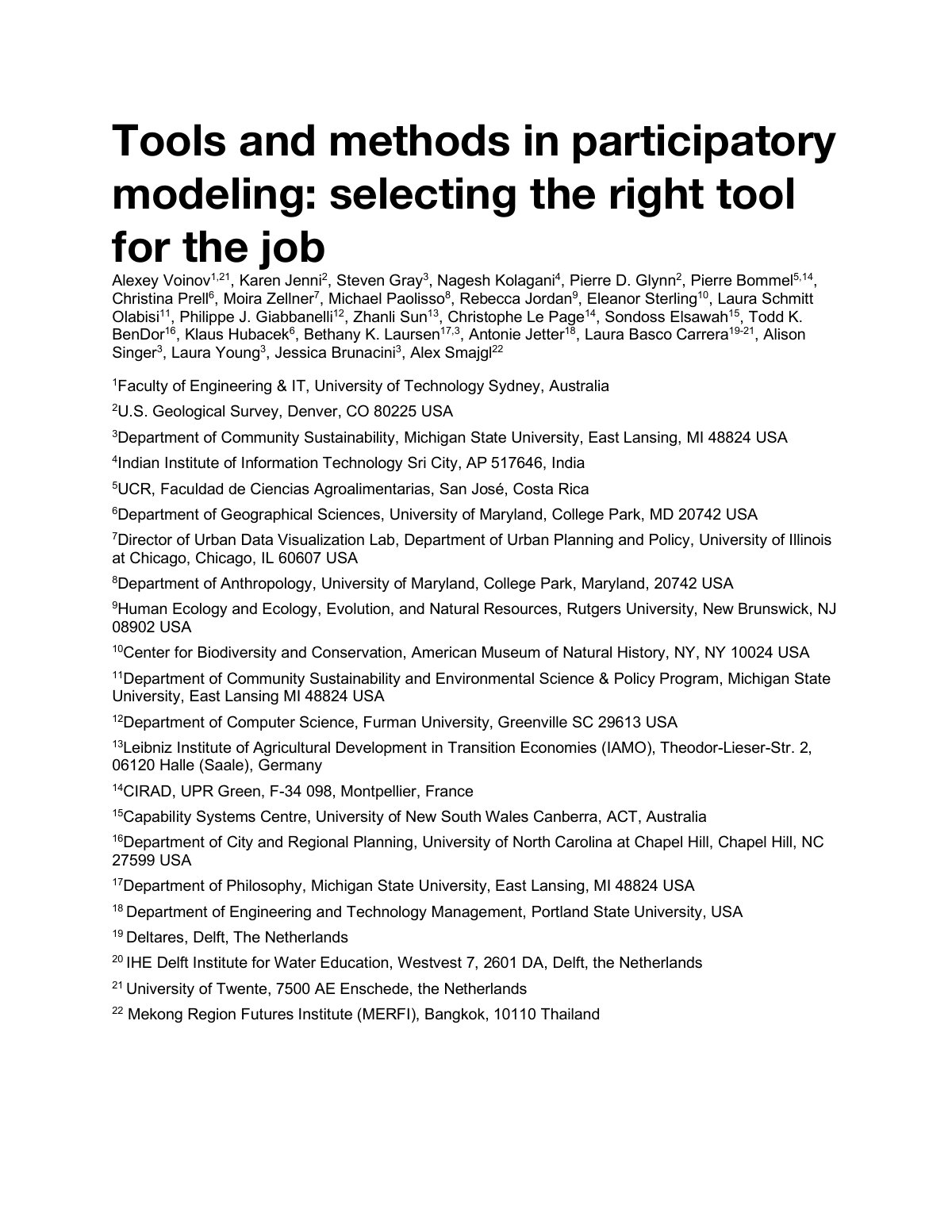 First page of Tools and methods in participatory modeling: selecting the right tool for the job