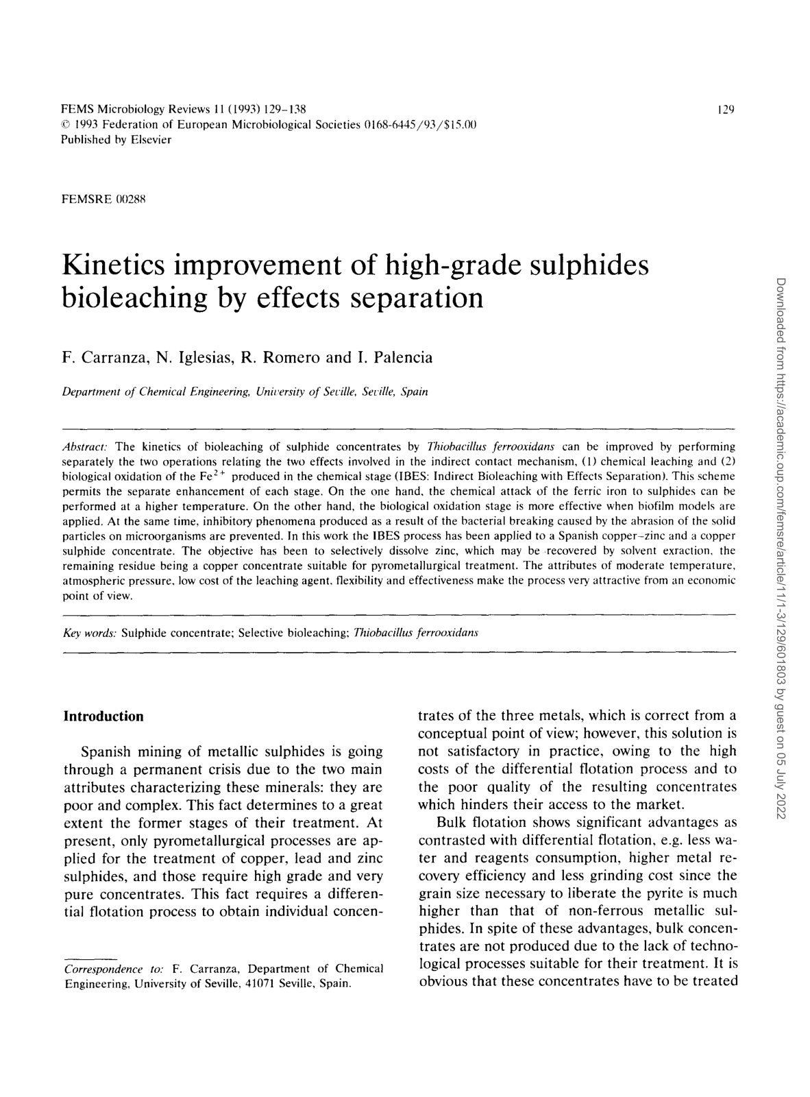 First page of Kinetics improvement of high-grade bioleaching by effects separation sulphides