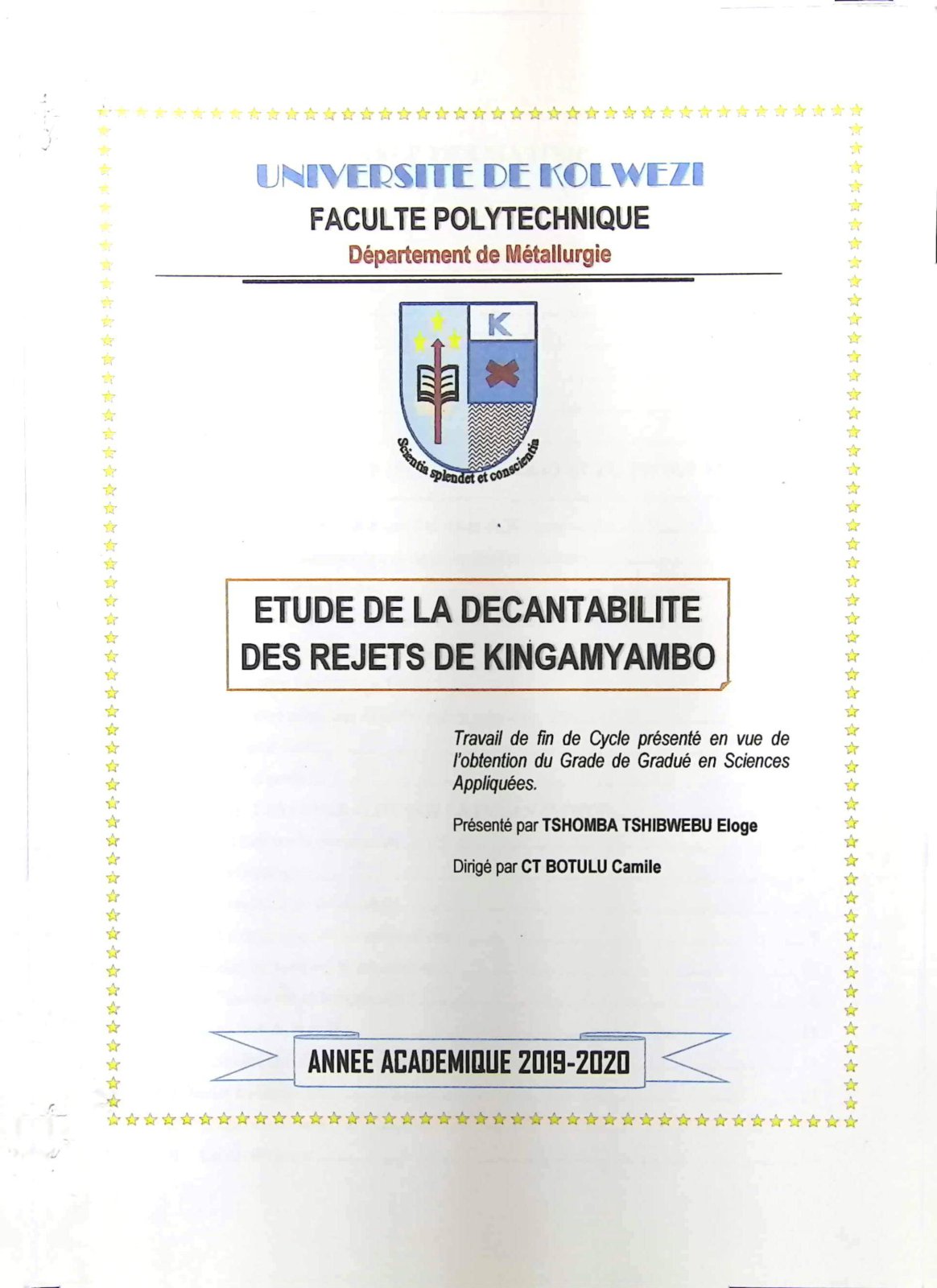 First page of ETUDE DE LA DECANTABILITE DES REJETS DE KINGAMYAMBO