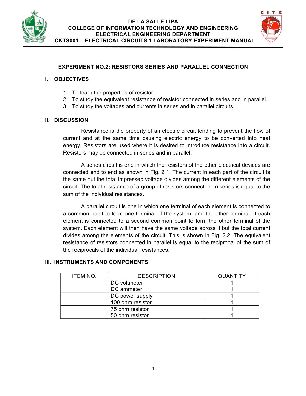 First page of CKTS001 – ELECTRICAL CIRCUITS 1 LABORATORY EXPERIMENT MANUAL