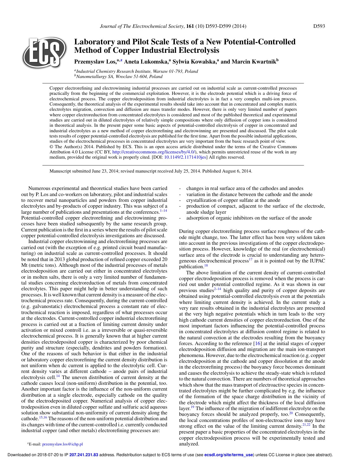 First page of Laboratory and Pilot Scale Tests of a Ne