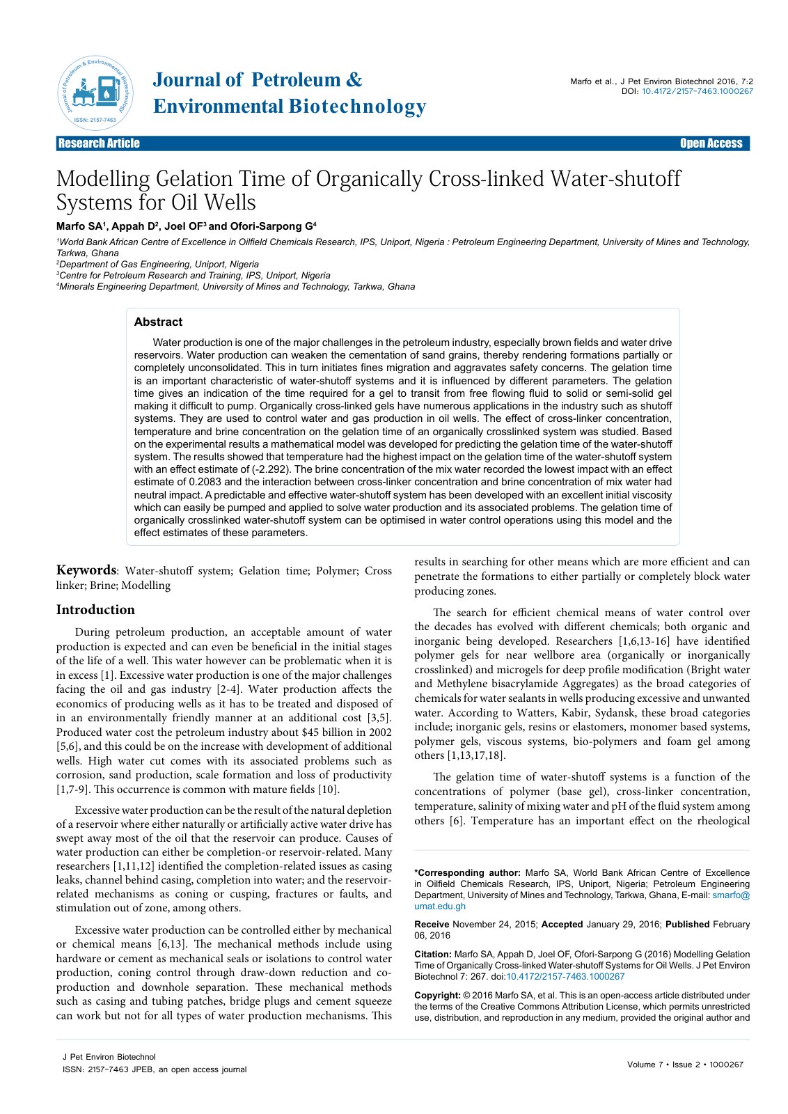 First page of Modelling Gelation Time of Organically Cross-linked Water-shutoff Systems for Oil Wells