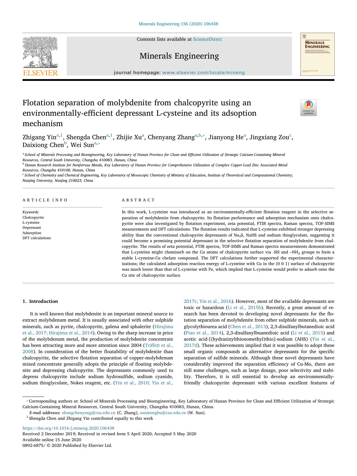 First page of Flotation separation of molybdenite from chalcopyrite using an 2020 Minerals