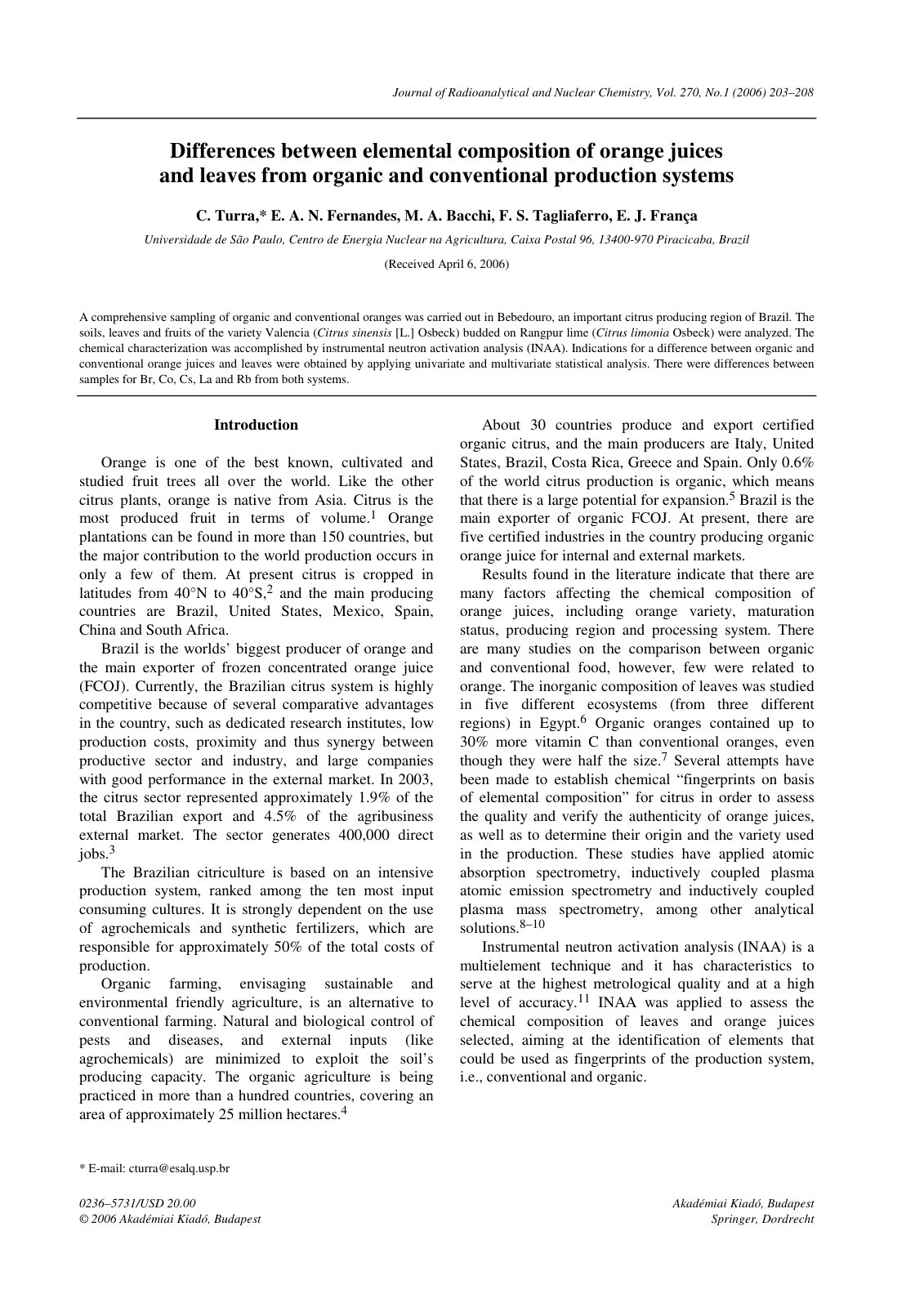 First page of Differences between elemental composition of orange juices and leaves from organic and conventional production systems