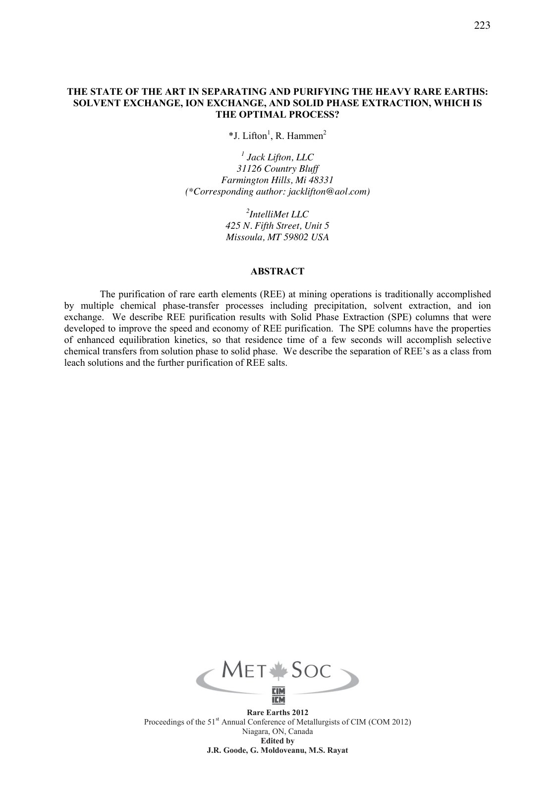 First page of THE STATE OF THE ART IN SEPARATING AND PURIFYING THE HEAVY RARE EARTHS: SOLVENT EXCHANGE, ION EXCHANGE, AND SOLID PHASE EXTRACTION, WHICH IS THE OPTIMAL PROCESS?