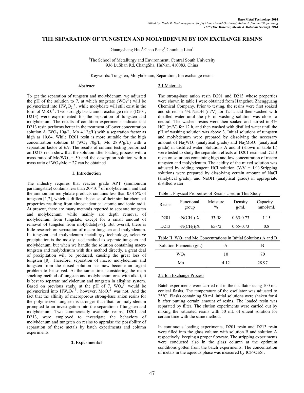 First page of THE SEPARATION OF TUNGSTEN AND MOLYBDENUM BY ION EXCHANGE RESINS