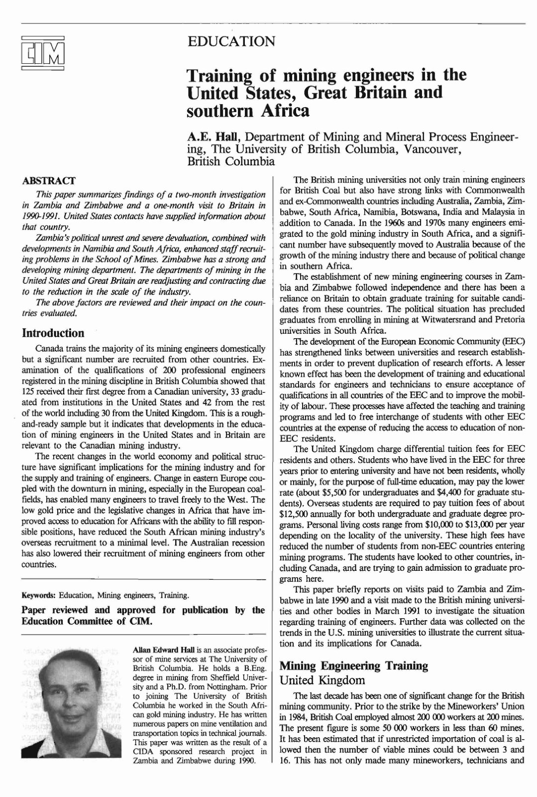 First page of Training of mining engineers in the United States, Great Britain and southern Africa