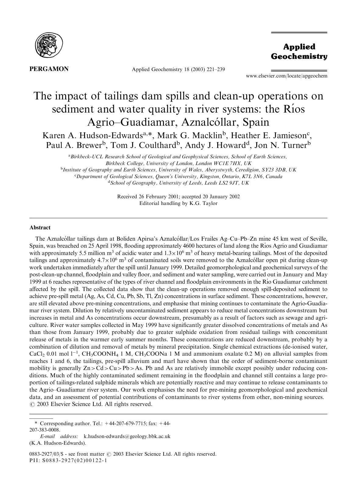 First page of The impact of tailings dam spills and clean-up operations on sediment and water quality in river systems: the Rı´os Agrio–Guadiamar, Aznalco´llar, Spain