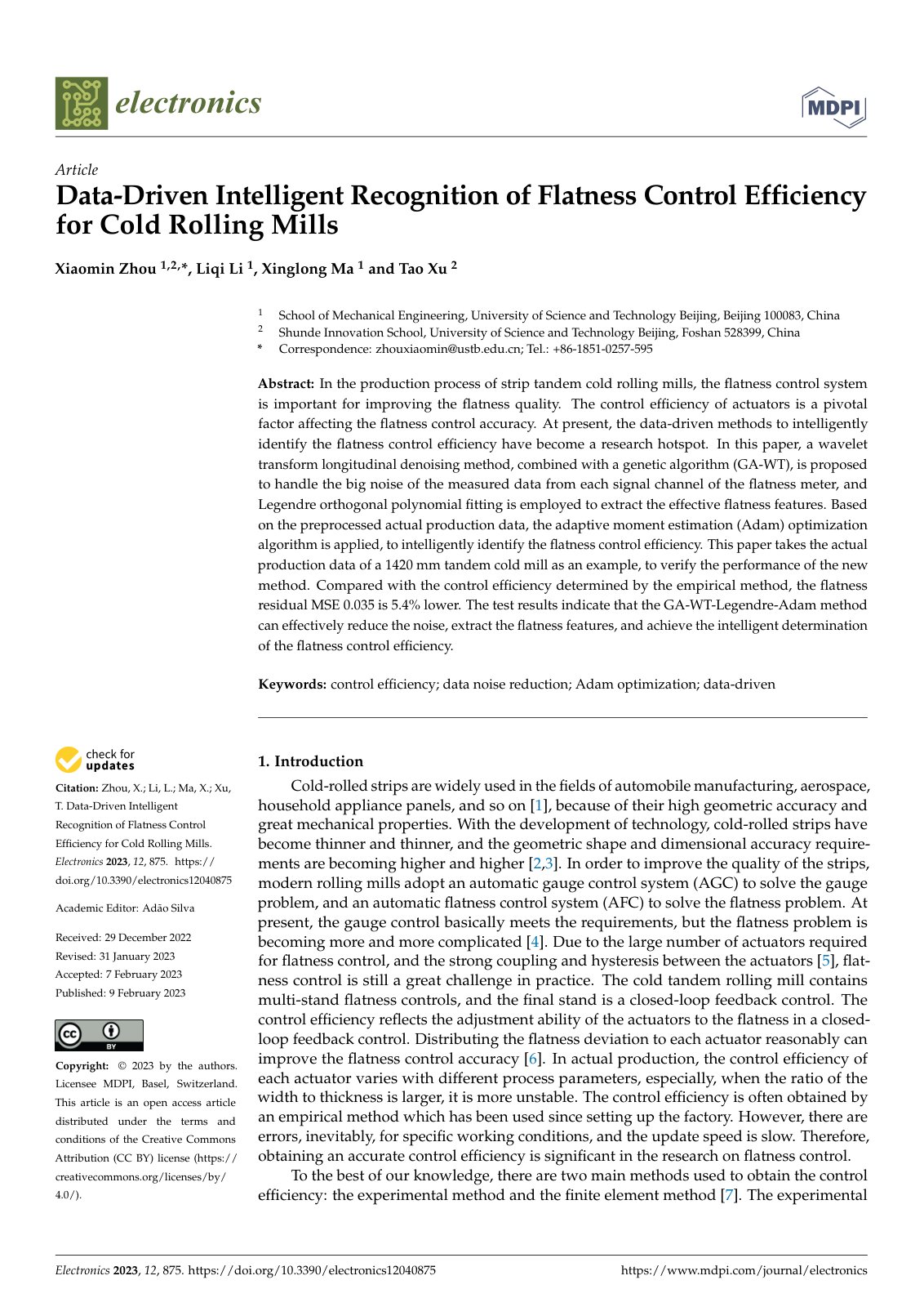 First page of Data-Driven Intelligent Recognition of Flatness Control Efficiency for Cold Rolling Mills