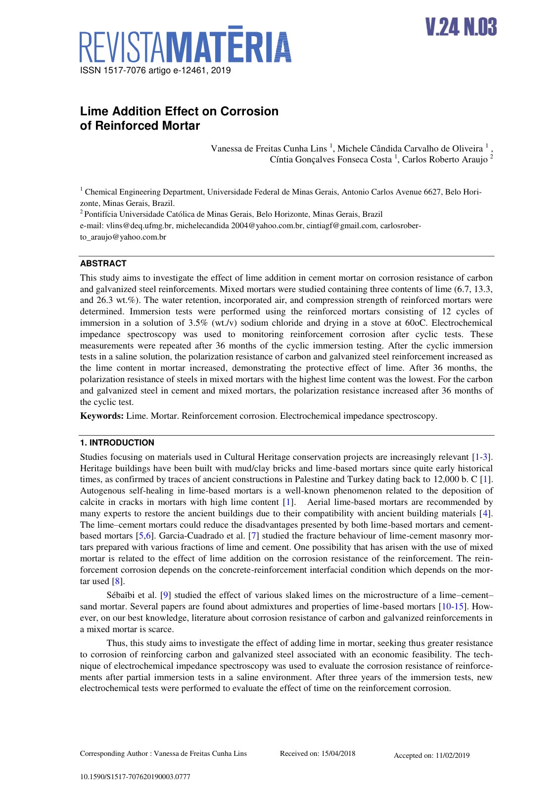 First page of Lime Addition Effect on Corrosion of Rei