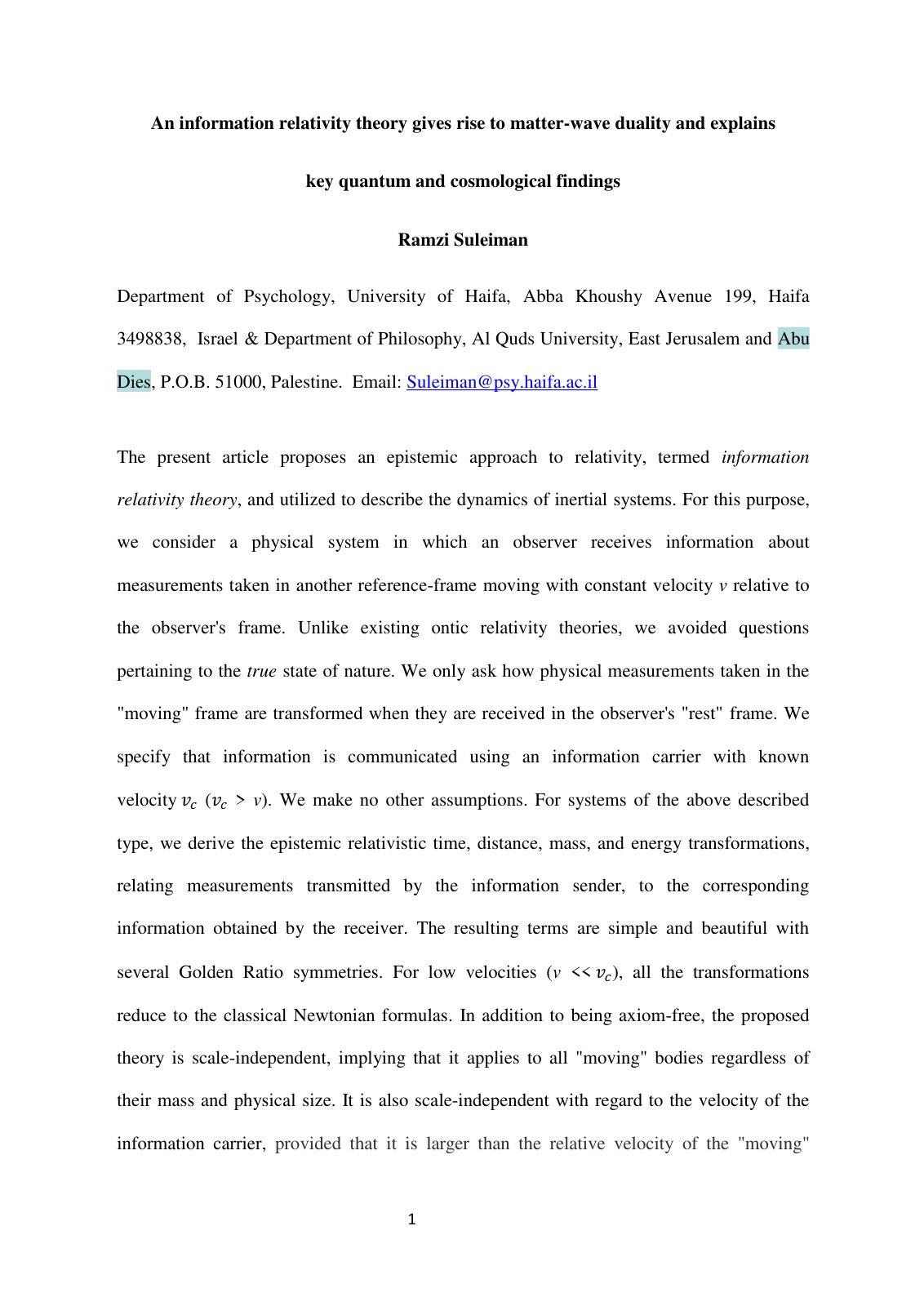 First page of An information relativity theory gives r