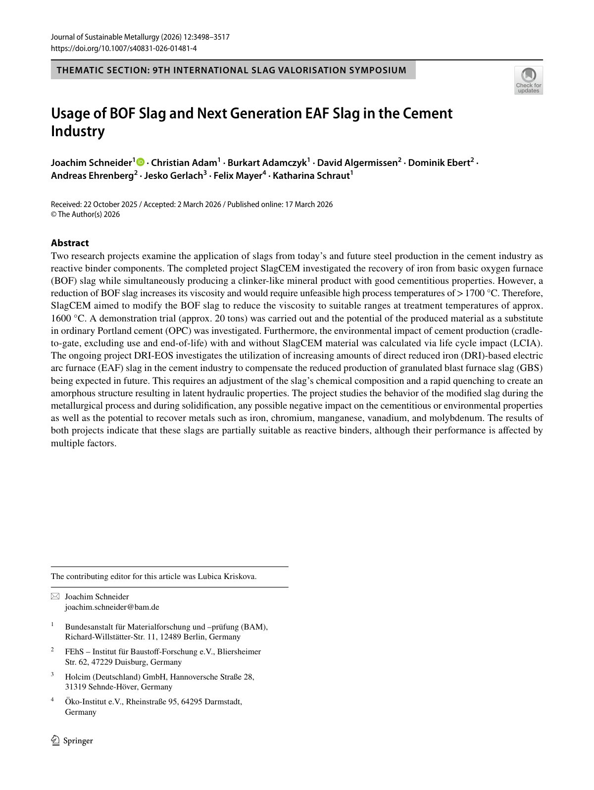 First page of Usage of BOF Slag and Next Generation EAF Slag in the Cement Industry