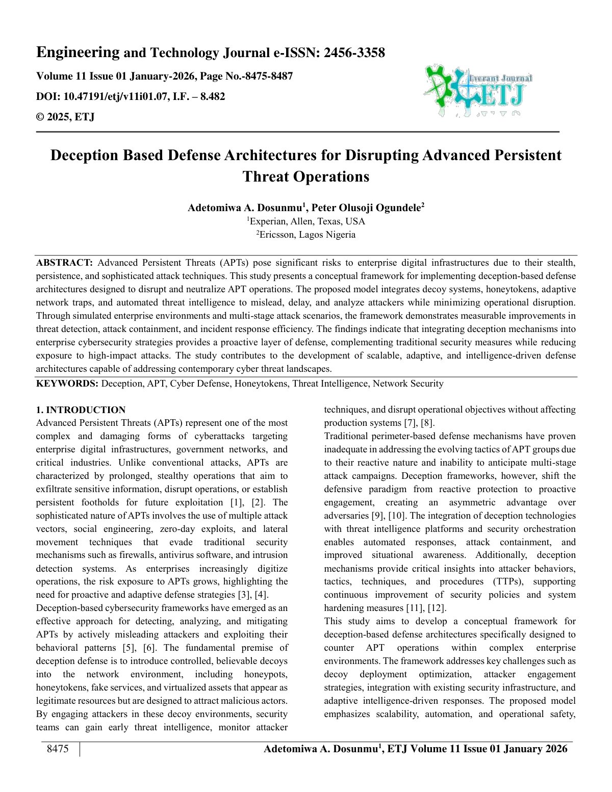 First page of Deception Based Defense Architectures for Disrupting Advanced Persistent  Threat Operations  