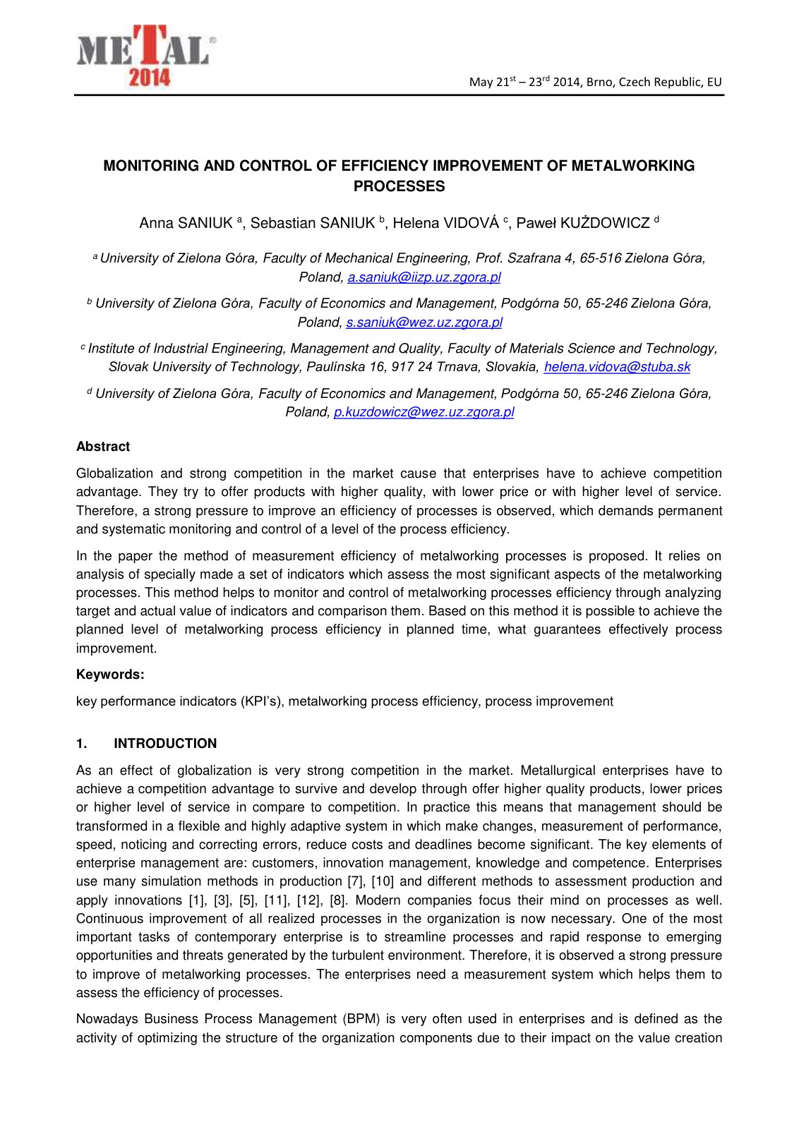 First page of MONITORING AND CONTROL OF EFFICIENCY IMPROVEMENT OF METALWORKING PROCESSES