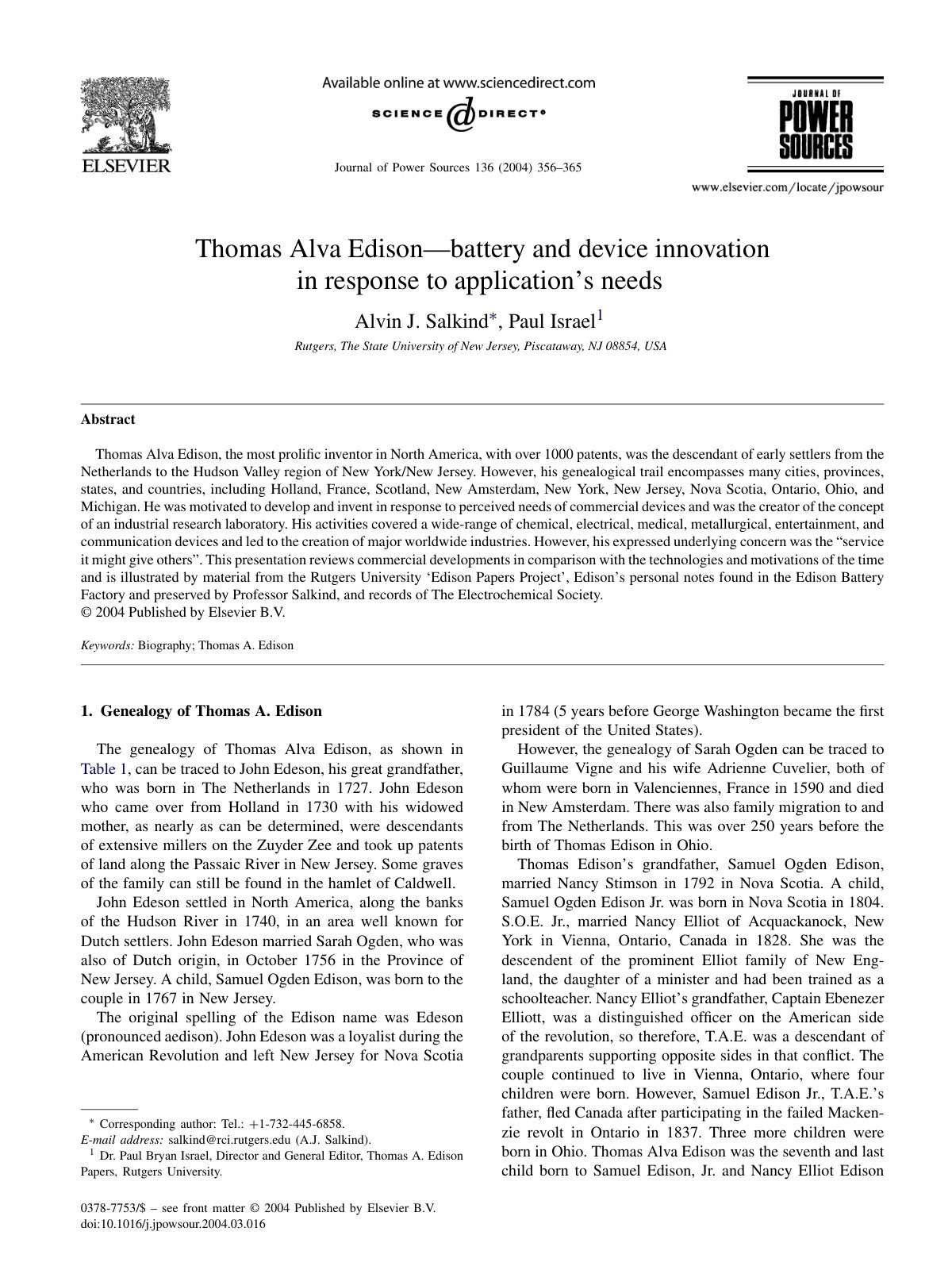 First page of Thomas Alva Edison—battery and device innovation in response to application’s needs