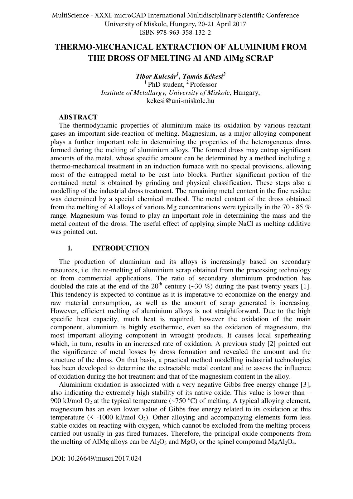First page of THERMO-MECHANICAL EXTRACTION OF ALUMINIUM FROM THE DROSS OF MELTING Al AND AlMg SCRAP