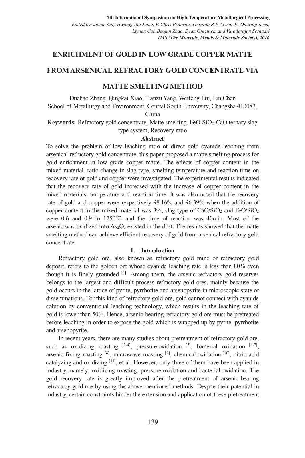 First page of ENRICHMENT OF GOLD IN LOW GRADE COPPER MATTE FROM ARSENICAL REFRACTORY GOLD CONCENTRATE VIA MATTE SMELTING METHOD