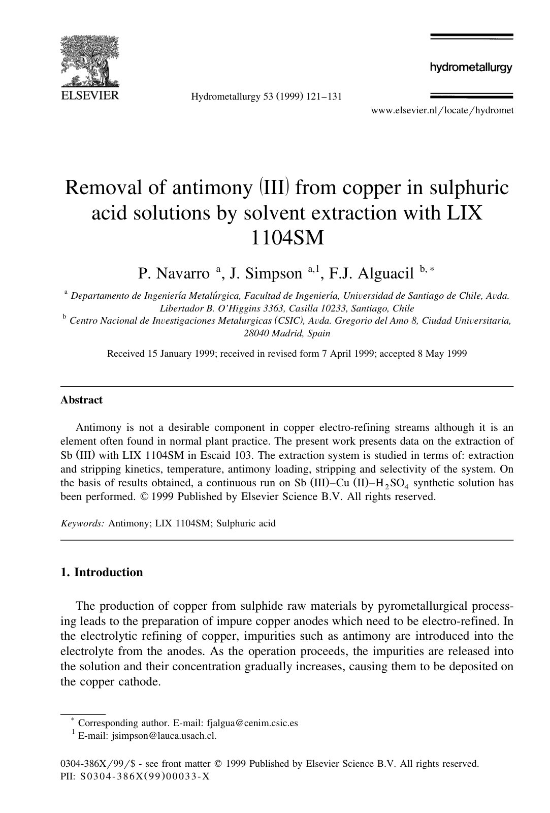 First page of Removal of antimony III from copper in s