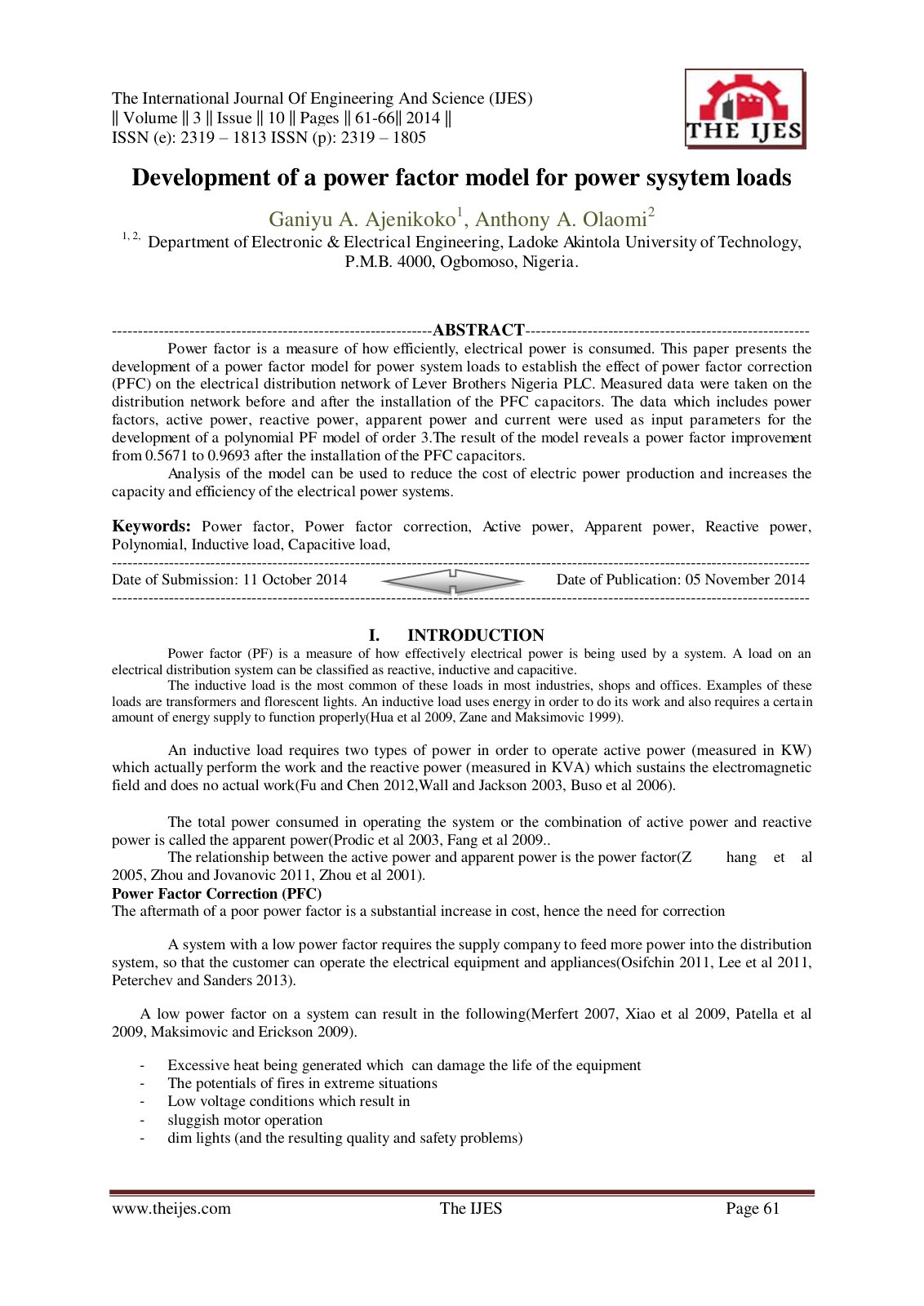 First page of Development of a power factor model for power sysytem loads