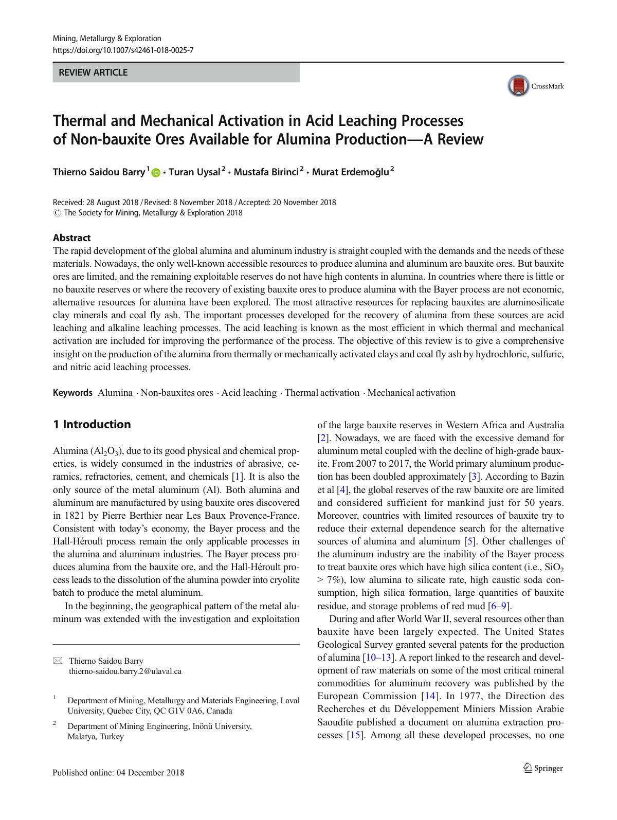 First page of Thermal and Mechanical Activation in Acid Leaching Processes of Non-bauxite Ores Available for Alumina Production—A Review