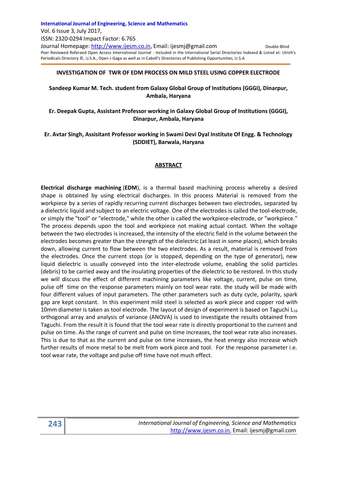 First page of INVESTIGATION OF TWR OF EDM PROCESS ON M