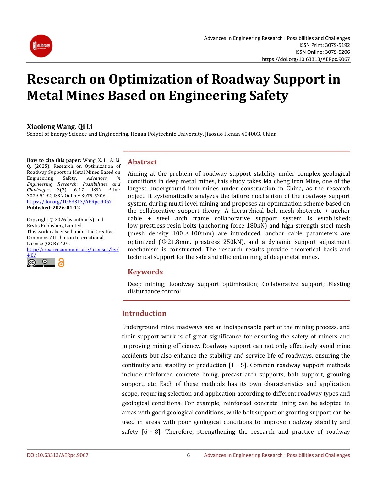 First page of Research on Optimization of Roadway Support in Met
