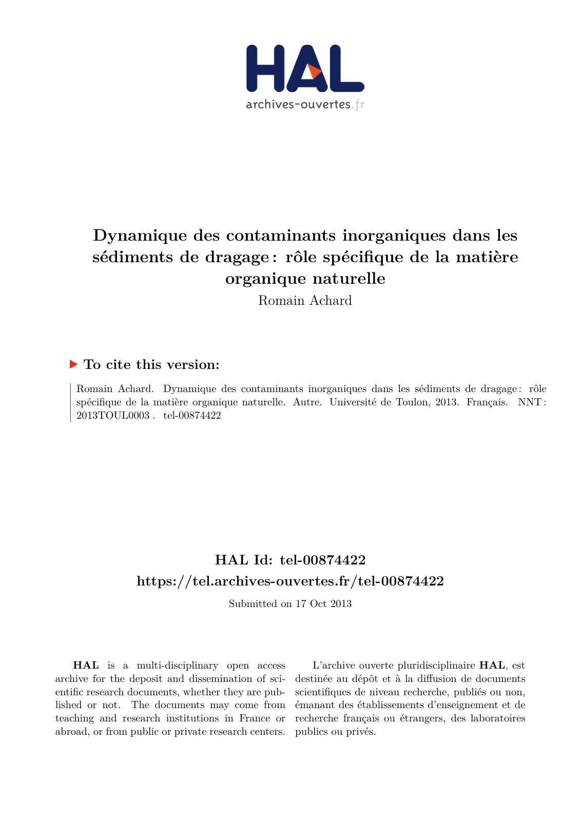 First page of Dynamique des contaminants inorganiques dans les sédiments de dragage : rôle spécifique de la matière organique naturelle