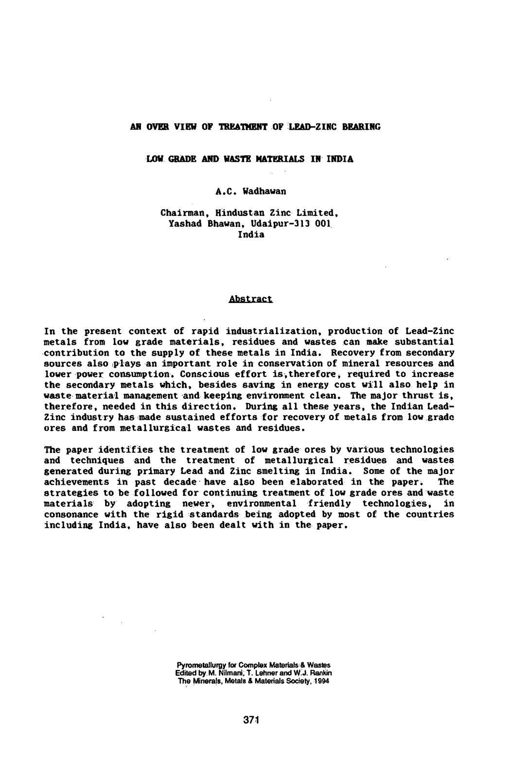 First page of An Over View Of Treatment Of Lead Zinc Bearing Low Grade And Waste Materials In India