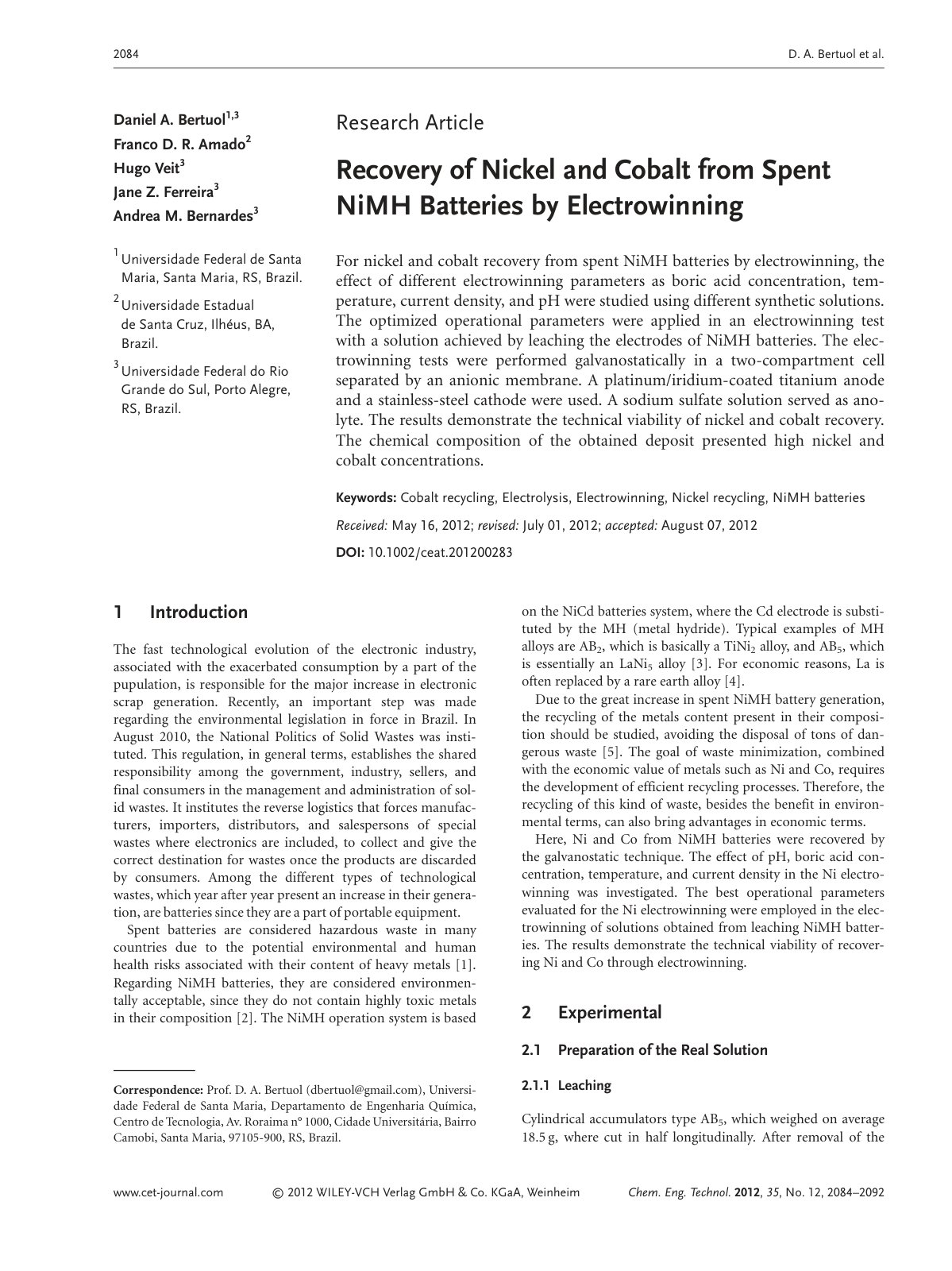 First page of Recovery of Nickel and Cobalt from Spent