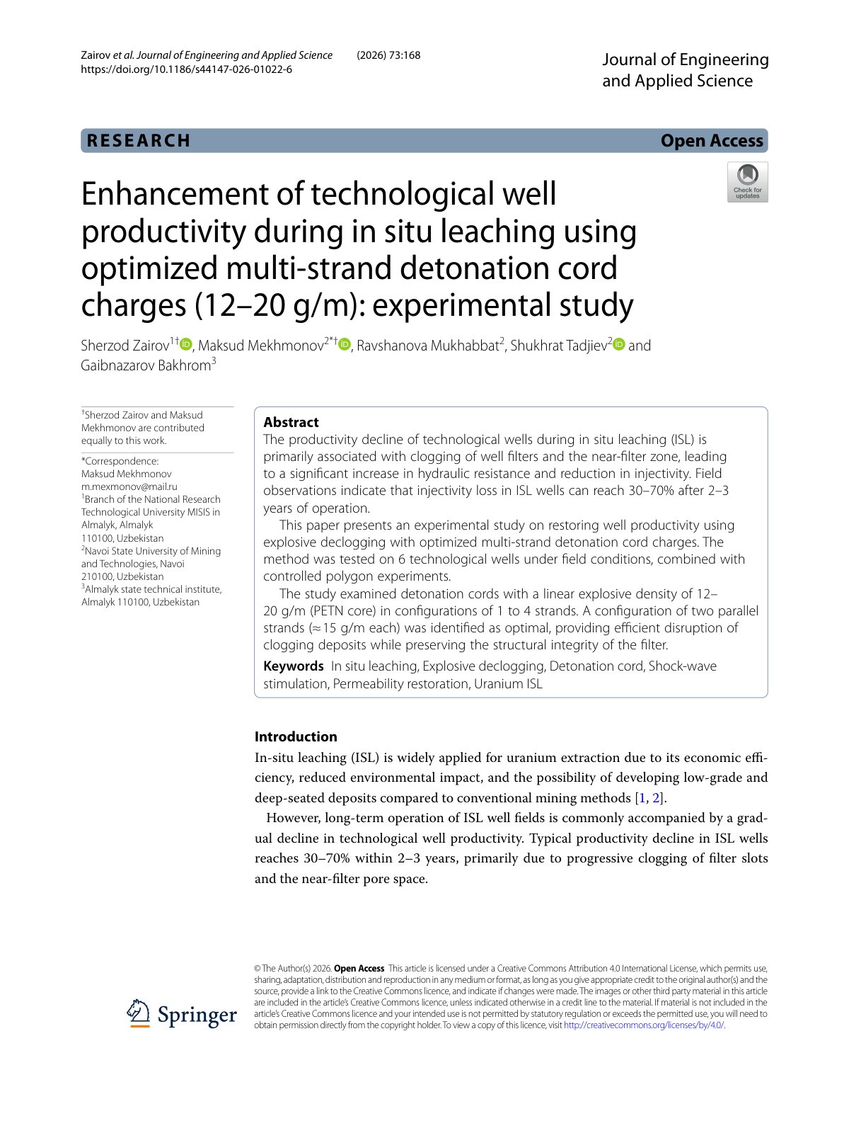 First page of 2026   Zairov   Restoring in situ leaching well productivity