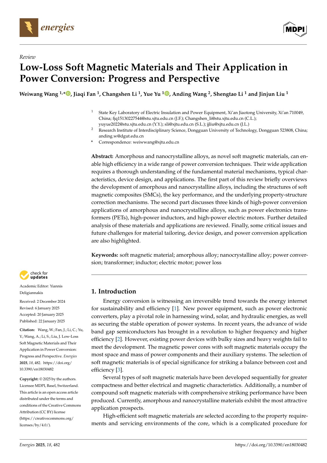 First page of Low-Loss Soft Magnetic Materials and Their Application in Power Conversion: Progress and Perspective