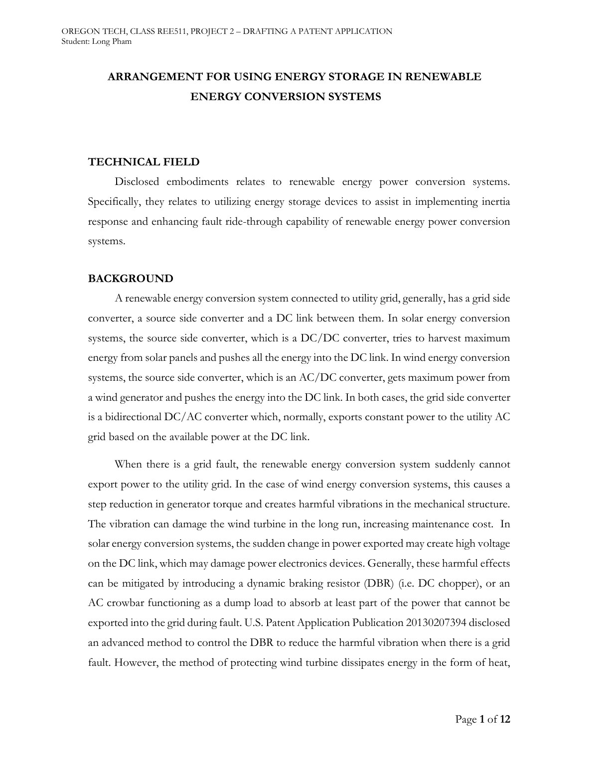 First page of ARRANGEMENT FOR USING ENERGY STORAGE IN RENEWABLE ENERGY CONVERSION SYSTEMS