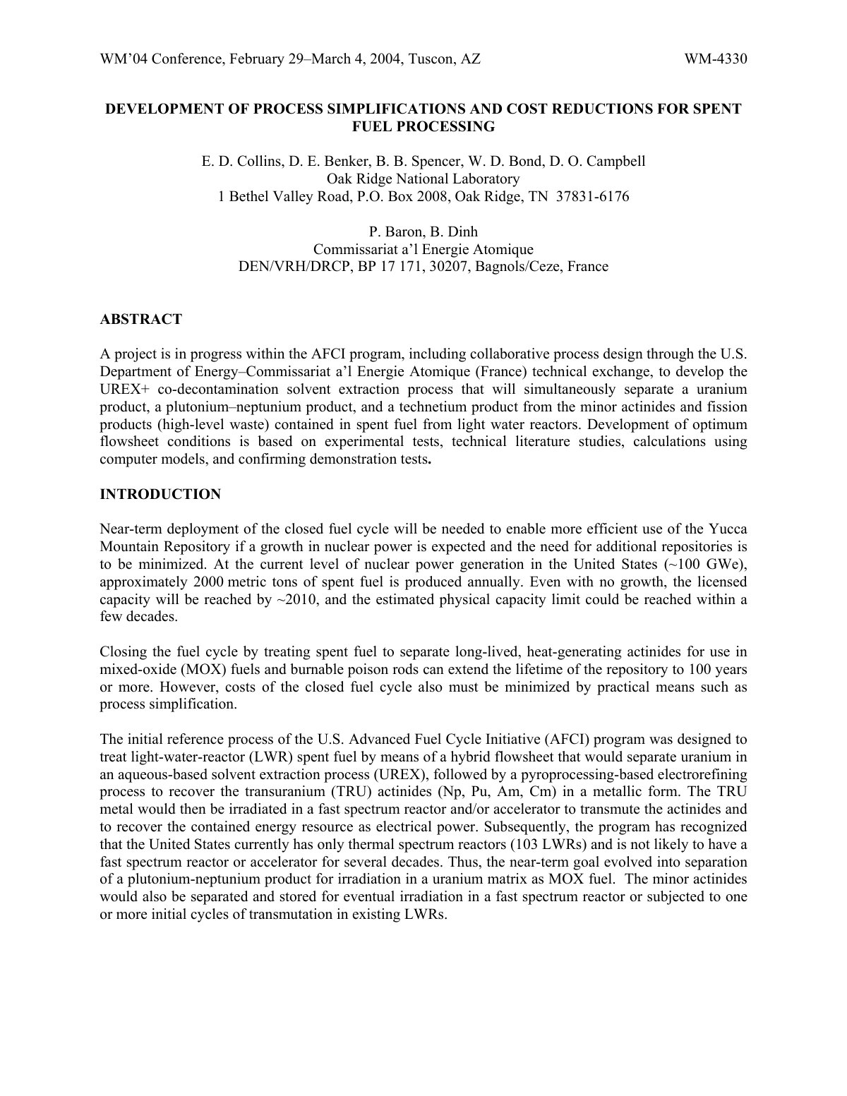 First page of DEVELOPMENT OF PROCESS SIMPLIFICATIONS AND COST REDUCTIONS FOR SPENT FUEL PROCESSING