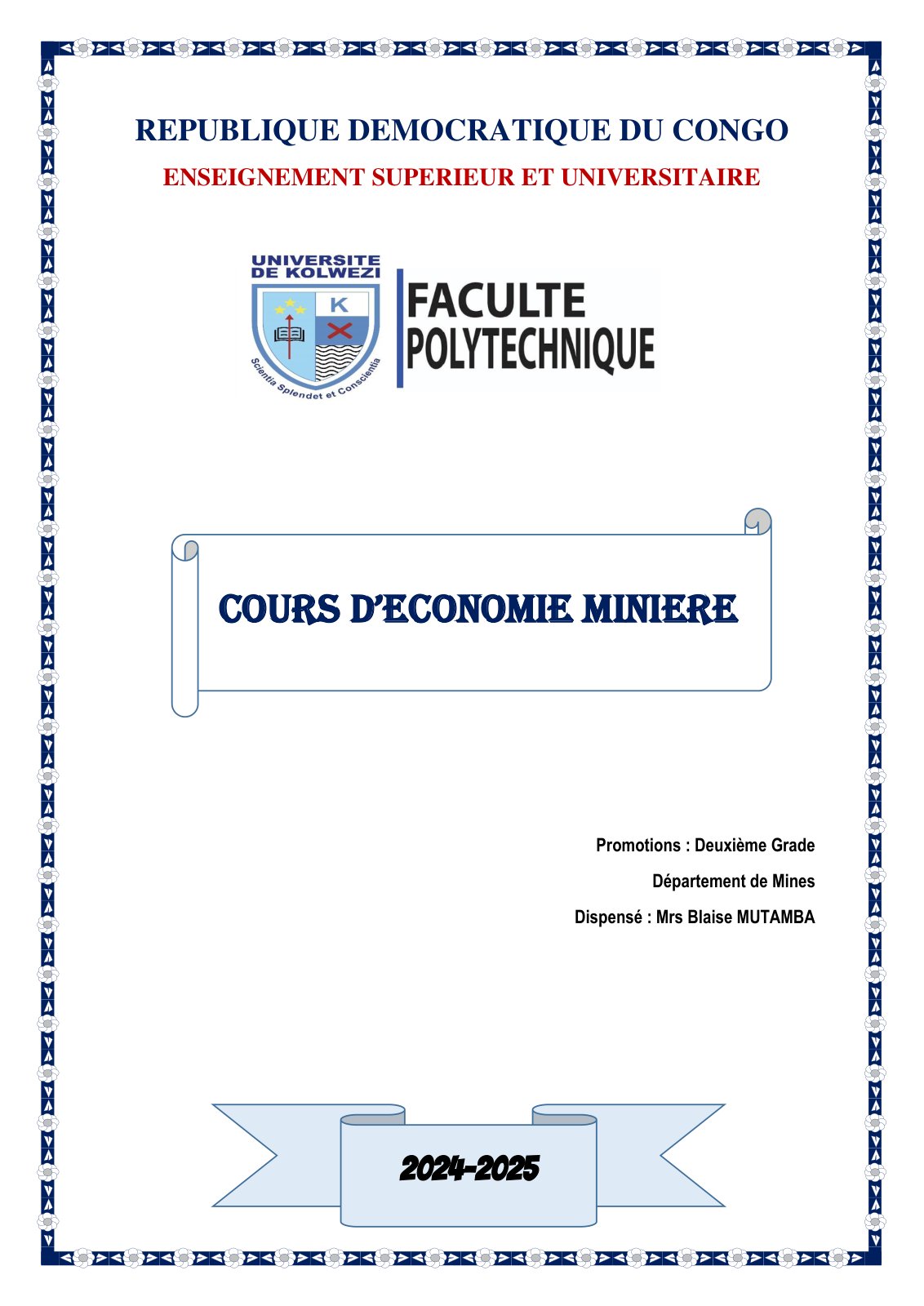 First page of ECONOMIE MINIERE Grade2 Blaise MUTAMBA