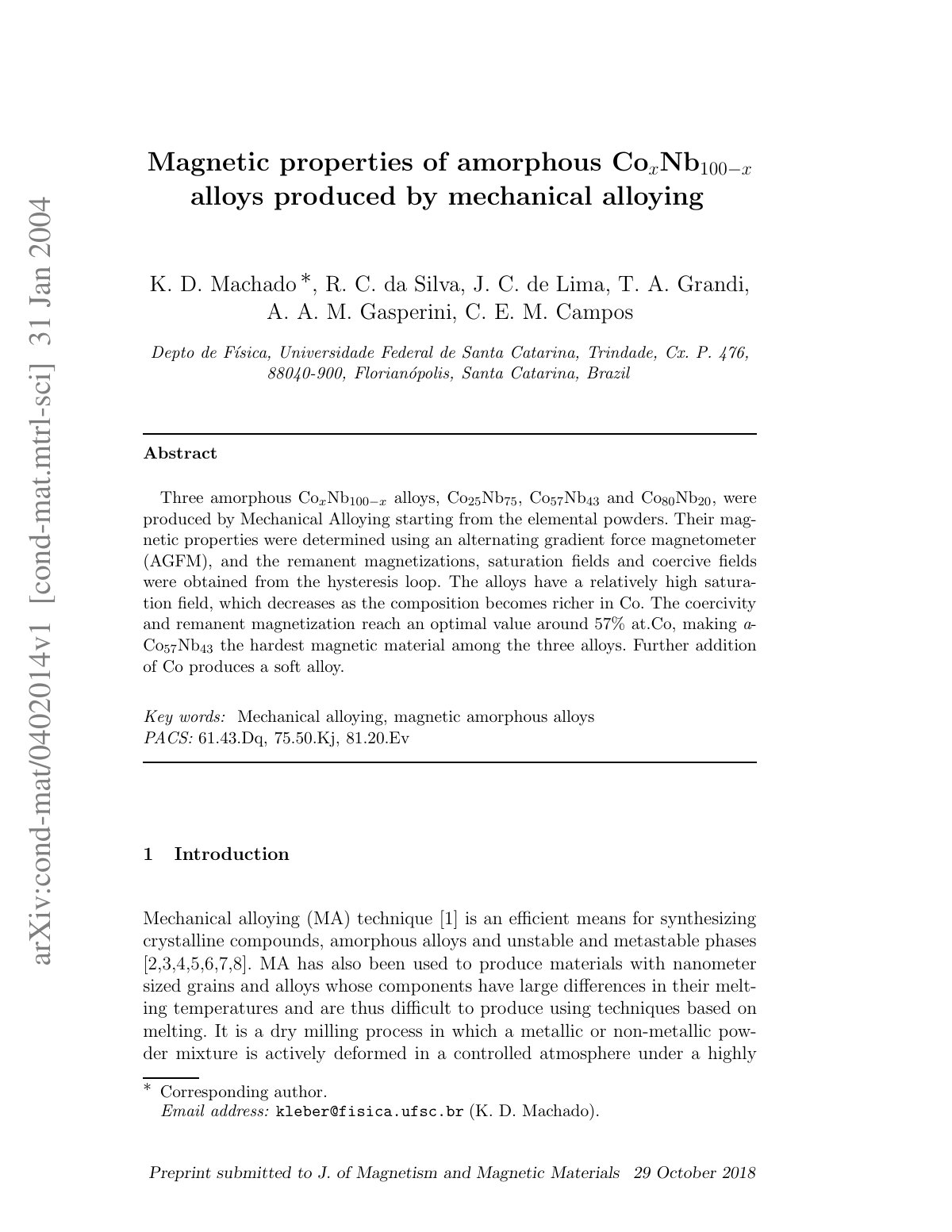 First page of Magnetic properties of amorphous CoxNb100− x alloys produced by mechanical alloying