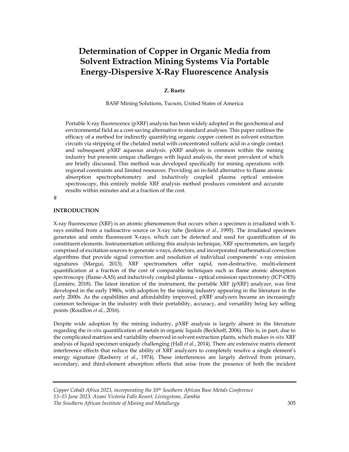 First page of Determination of Copper in Organic Media from Solvent Extraction Mining Systems Via Portable Energy-Dispersive X-Ray Fluorescence Analysis