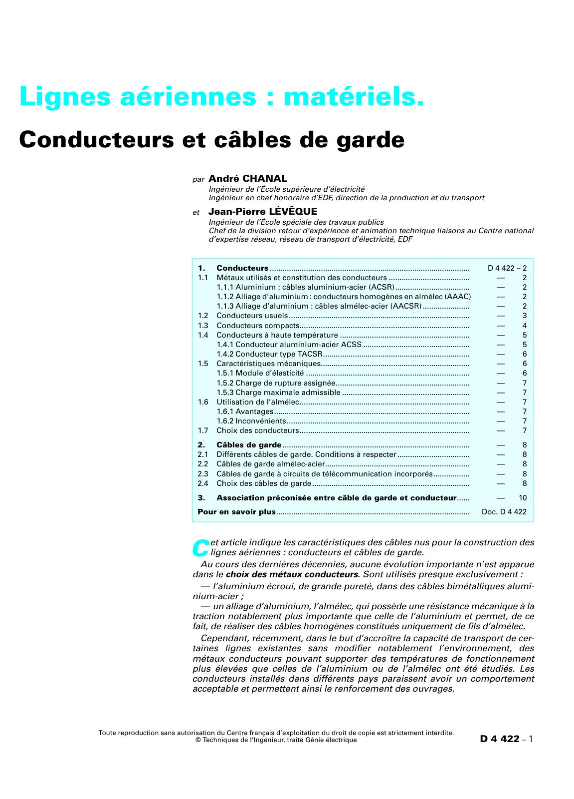 First page of conducteurs cables garde